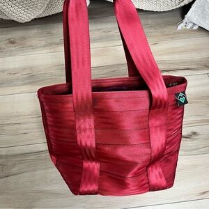Seat belt Maggie Red Tote Bag with purple lining. Recycled
